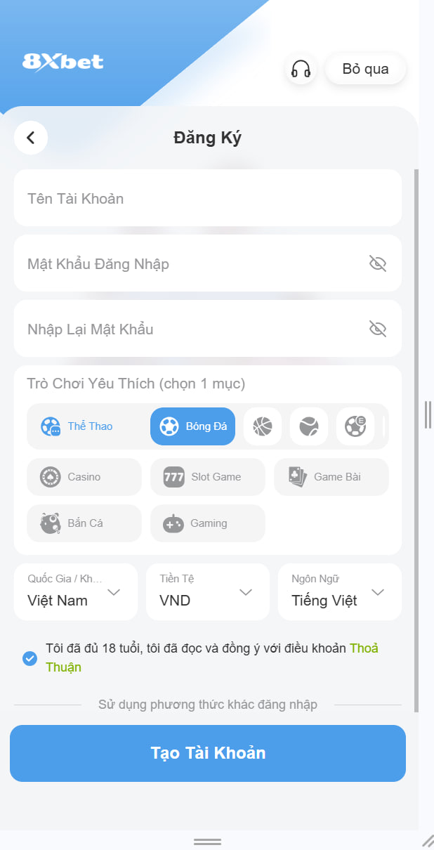 Biểu mẫu đăng ký tài khoản nhà cái 8xbet